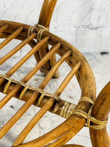 Table basse rotin vintage plateau verre années 70
