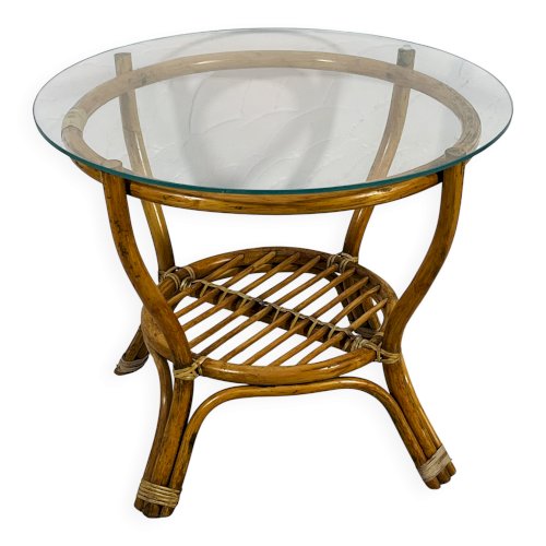 Table basse rotin vintage plateau verre années 70