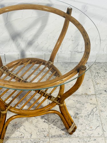 Table basse rotin vintage plateau verre années 70