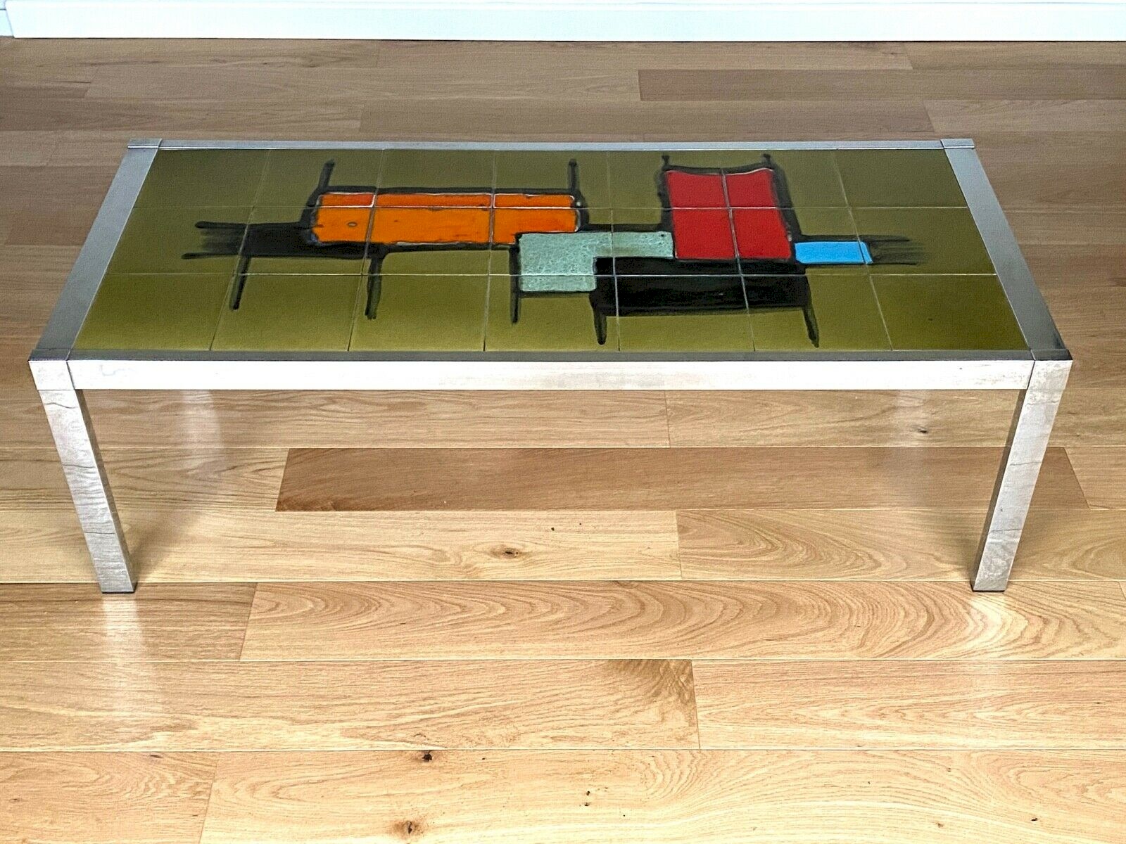 TABLE BASSE TRAVAIL FRANÇAIS CARREAUX CERAMIQUE COMPOSITION 1970 CHROME