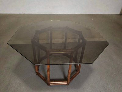 Table bois façon bambou verre fumé 1970