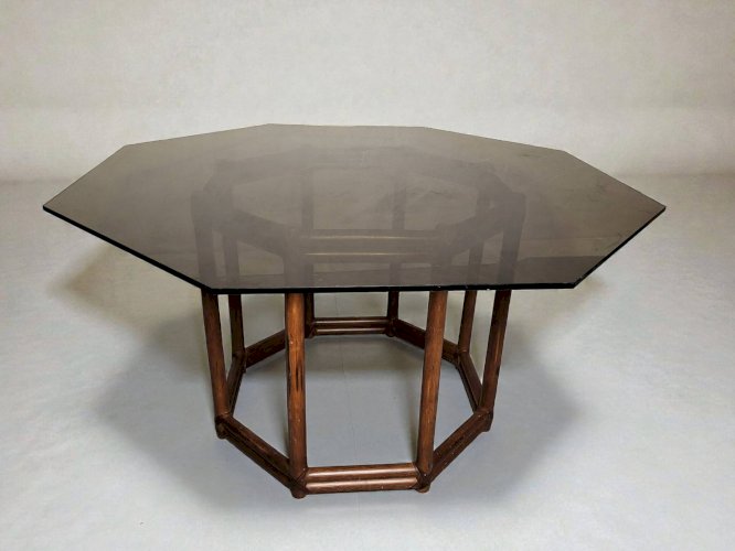 Table bois façon bambou verre fumé 1970