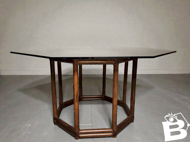 Table bois façon bambou verre fumé 1970