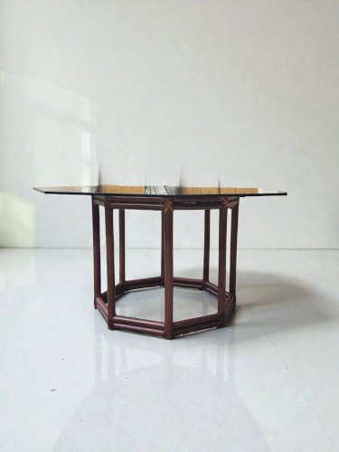 Table bois façon bambou verre fumé 1970