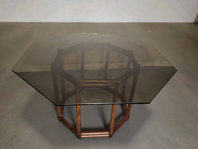 Table bois façon bambou verre fumé 1970