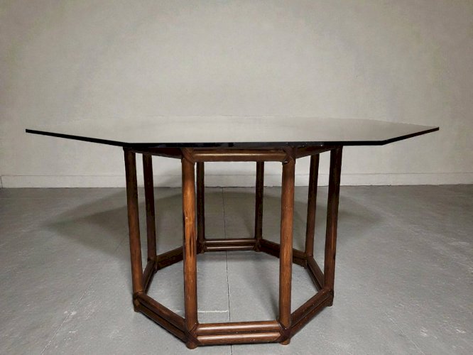 Table bois façon bambou verre fumé 1970