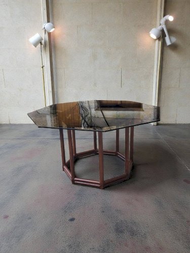 Table bois façon bambou verre fumé 1970