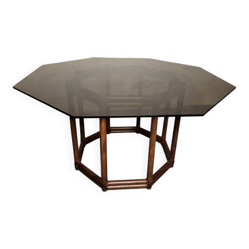 Table bois façon bambou verre fumé 1970