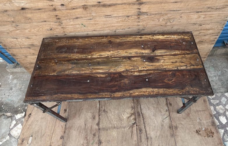 Table datelier pliante structure métal avec plateau en teck massif