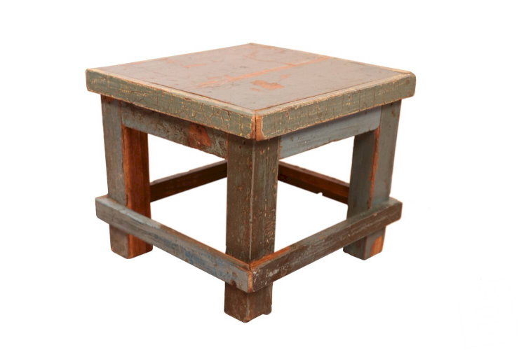 Table de chevet d’atelier en teck birman patine bleue d’origine
