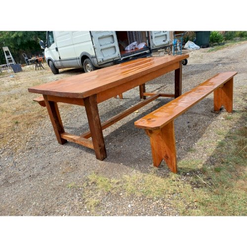 Table de Ferme Campagnarde en Chéne et Pin + 2 Bancs