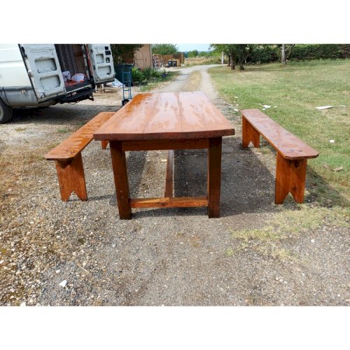 Table de Ferme Campagnarde en Chéne et Pin + 2 Bancs