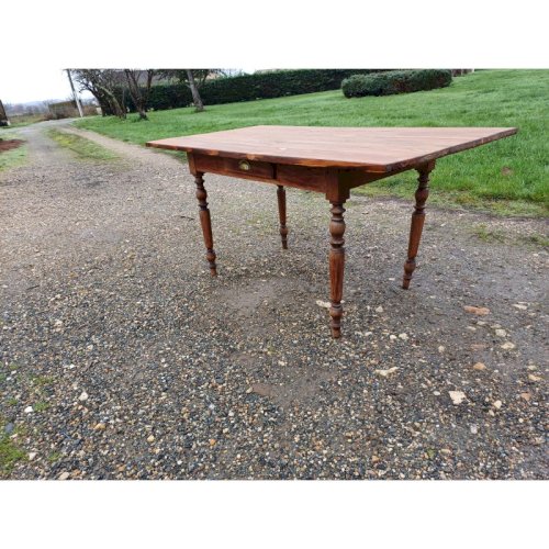 Table de Ferme Campagnarde en pin et Noyer , 1 Tiroir