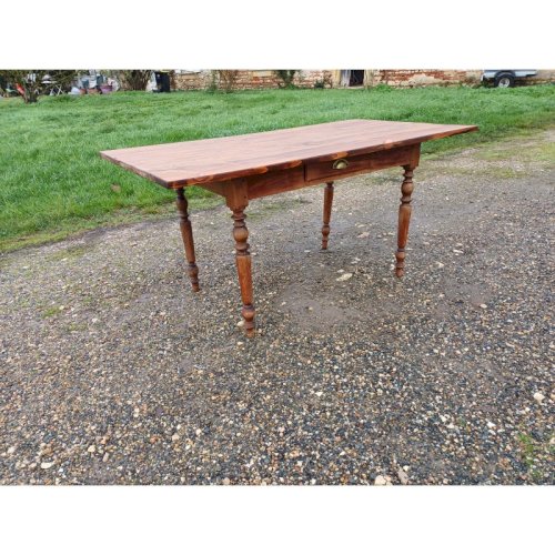 Table de Ferme Campagnarde en pin et Noyer , 1 Tiroir