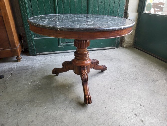 TABLE GUERIDON ROND PLATEAU MARBRE TRIPODE EN ACAJOU DU XIX ème SIECLE