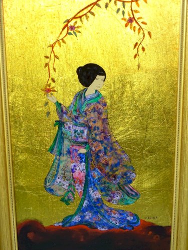 -TABLEAU A LA FEUILLE D'OR fixé sous Verre signé Michel ZELLER FEMME ASIATIQUE D