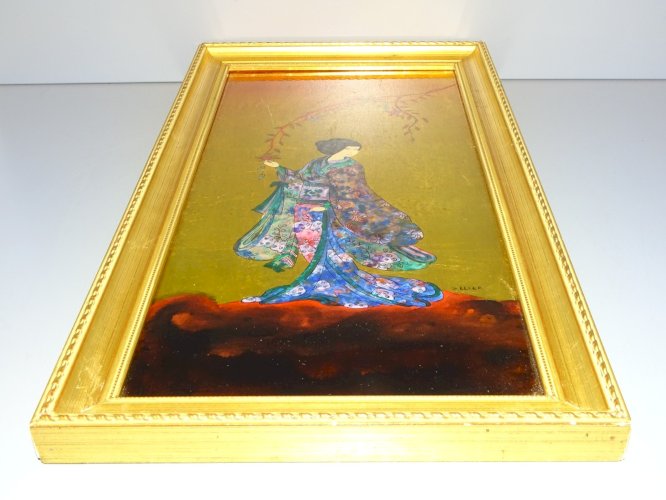 -TABLEAU A LA FEUILLE D'OR fixé sous Verre signé Michel ZELLER FEMME ASIATIQUE D