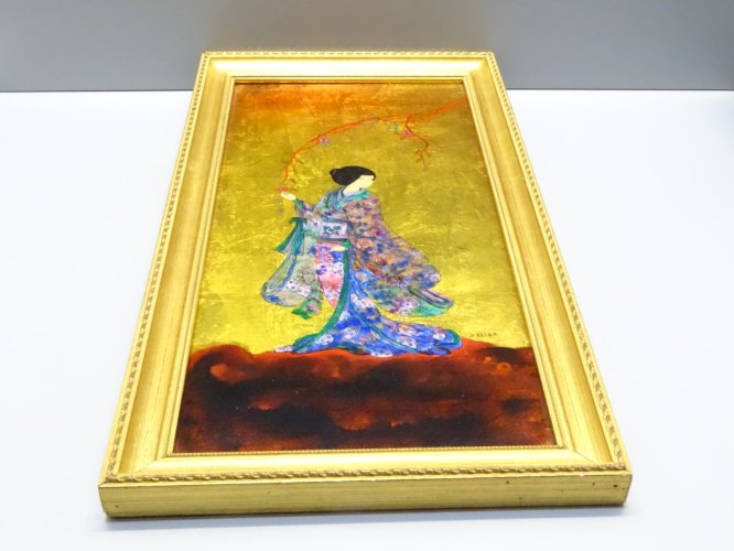 -TABLEAU A LA FEUILLE D'OR fixé sous Verre signé Michel ZELLER FEMME ASIATIQUE D