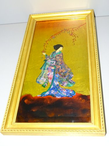 -TABLEAU A LA FEUILLE D'OR fixé sous Verre signé Michel ZELLER FEMME ASIATIQUE D