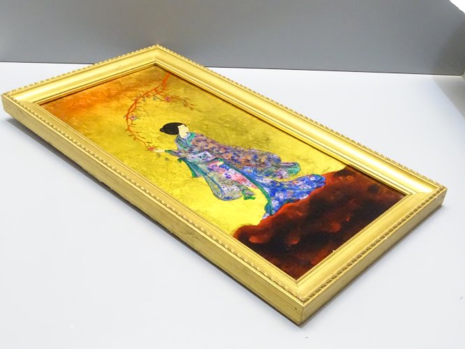 -TABLEAU A LA FEUILLE D'OR fixé sous Verre signé Michel ZELLER FEMME ASIATIQUE D