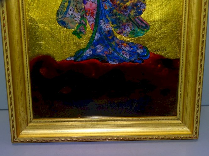 -TABLEAU A LA FEUILLE D'OR fixé sous Verre signé Michel ZELLER FEMME ASIATIQUE D