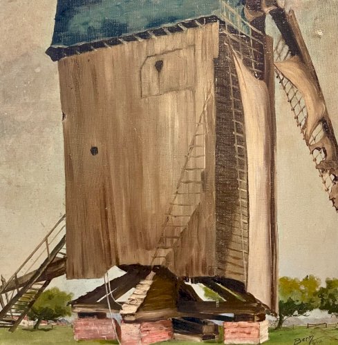 Tableau ancien Huile sur Toile Moulin de Reims 1942 signé Bern Art français WW2