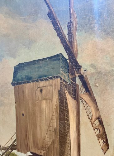 Tableau ancien Huile sur Toile Moulin de Reims 1942 signé Bern Art français WW2