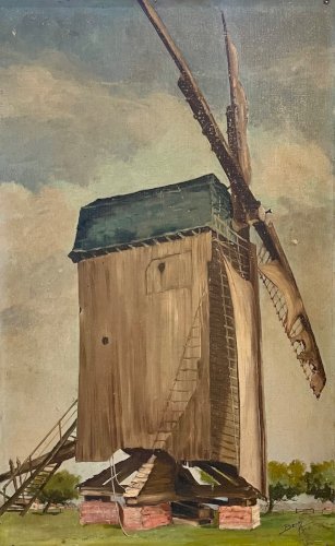 Tableau ancien Huile sur Toile Moulin de Reims 1942 signé Bern Art français WW2
