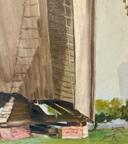 Tableau ancien Huile sur Toile Moulin de Reims 1942 signé Bern Art français WW2