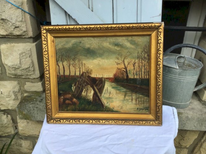 TABLEAU ANCIEN HUILE SUR TOILE signé  « CHARIOT AU BORD DU CANAL »