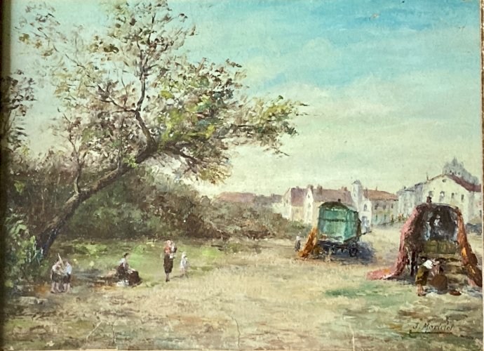 Tableau ancien - Les roulottes aux Saintes Maries de la Mer - J Martelet 