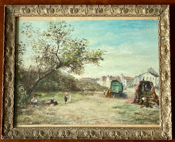 Tableau ancien - Les roulottes aux Saintes Maries de la Mer - J Martelet 