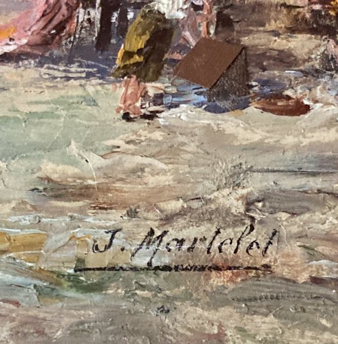 Tableau ancien - Les roulottes aux Saintes Maries de la Mer - J Martelet 