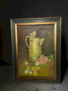 Old still life painting with flowers – Oil on panel signed – Jug and bouquet – Wooden frame – Vintage original artwork