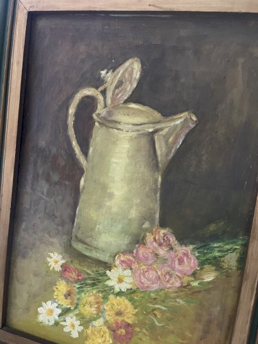 Tableau ancien nature morte aux fleurs – Huile sur panneau signée – Cruche et bouquet – Cadre en bois – Peinture originale vintage