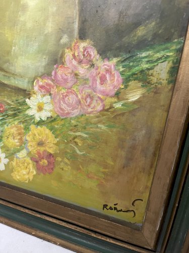 Tableau ancien nature morte aux fleurs – Huile sur panneau signée – Cruche et bouquet – Cadre en bois – Peinture originale vintage