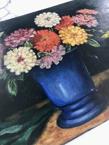 Tableau ancien sur Isorel bouquet de Zinnias