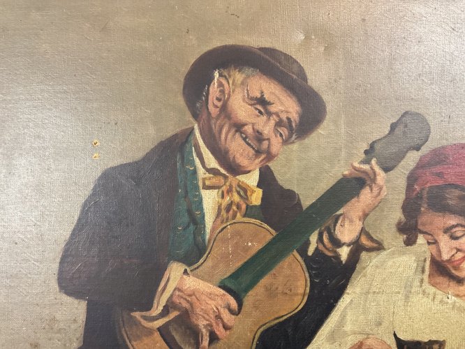 Tableau Ancien XIXeme  à Identifier musiciens guitare mandoline