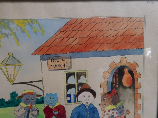 TABLEAU AQUARELLE RUE DU MARCHE SIGNEE A.FLEISCHMANN