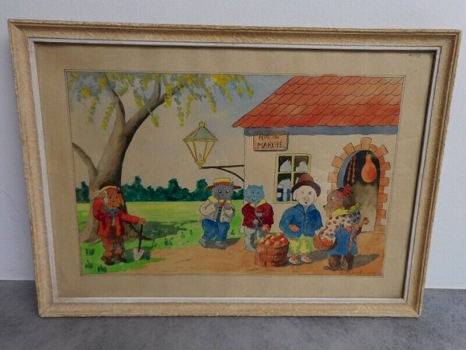 TABLEAU AQUARELLE RUE DU MARCHE SIGNEE A.FLEISCHMANN
