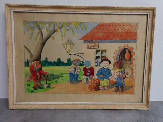 TABLEAU AQUARELLE RUE DU MARCHE SIGNEE A.FLEISCHMANN