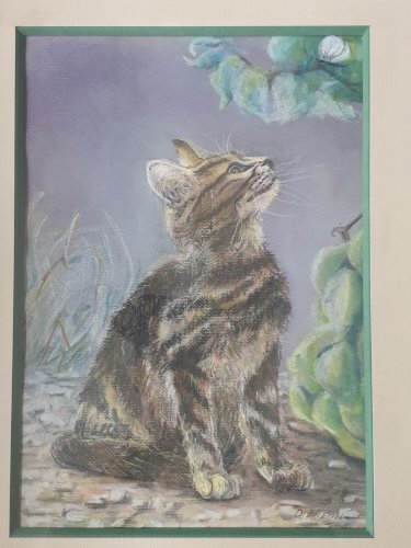 Tableau au pastel représentant un chaton tigré assis qui regarde un papillon, signé en bas à droite D. Breuil