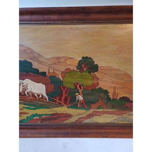 Tableau Bois Peinture vernie signée Clavere