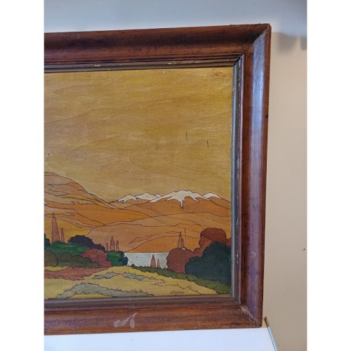 Tableau Bois Peinture vernie signée Clavere