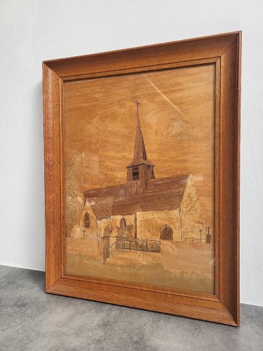 TABLEAU CADRE EN MARQUETERIE SIGNE Y.LAUFLE 1953 REPRESENTANT UNE EGLISE
