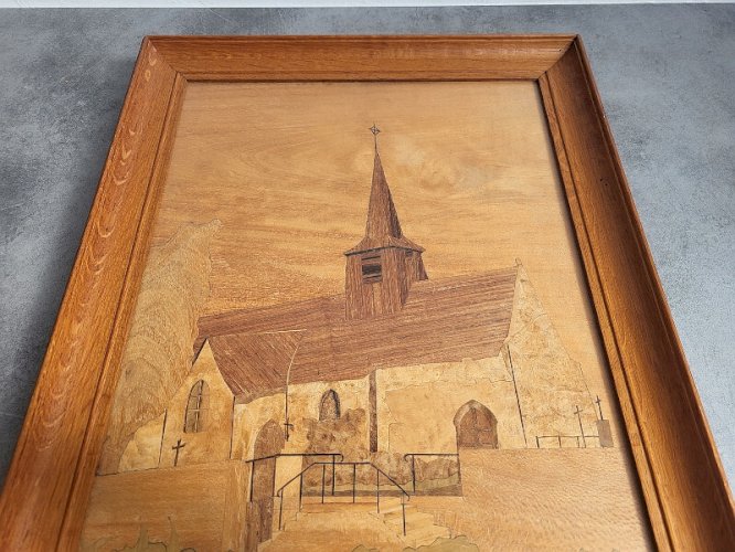 TABLEAU CADRE EN MARQUETERIE SIGNE Y.LAUFLE 1953 REPRESENTANT UNE EGLISE