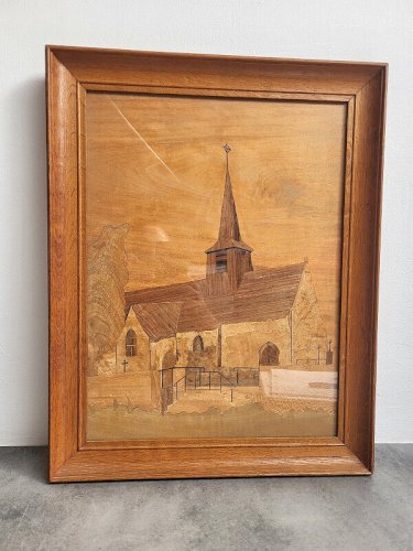 TABLEAU CADRE EN MARQUETERIE SIGNE Y.LAUFLE 1953 REPRESENTANT UNE EGLISE