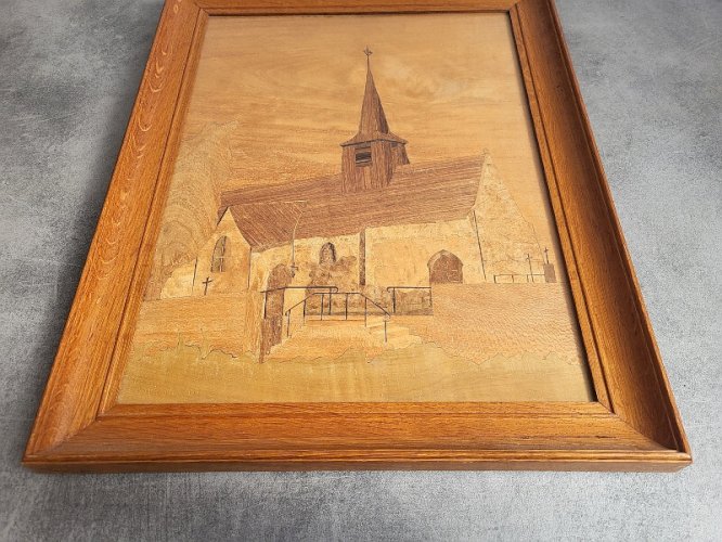 TABLEAU CADRE EN MARQUETERIE SIGNE Y.LAUFLE 1953 REPRESENTANT UNE EGLISE