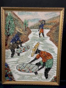 Gold digger table made of semi-precious stones such as citrine and carnelian.