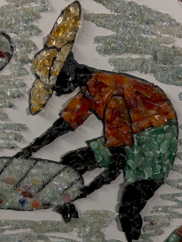 Tableau chercheurs d'or constitué de pierres semi-précieuses Citrine cornaline..